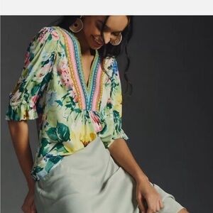 Bl^nk London x Anthropologie STEPHANIE Small Green Pink Floral V-Neck Top